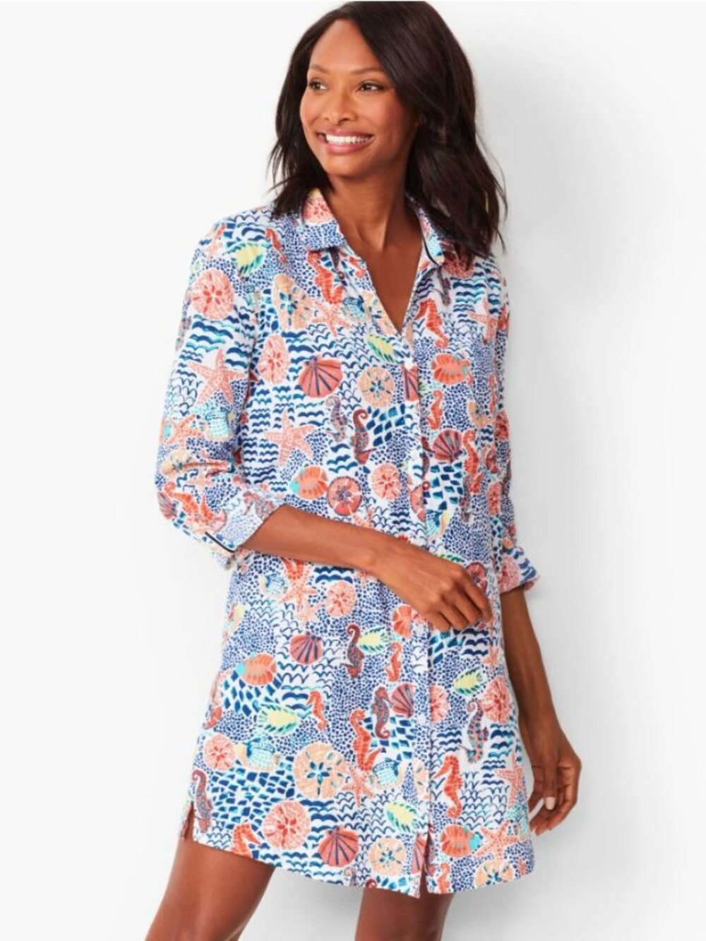 NWT Talbot Women's Blue Cotton Seahorse Crinkle Beach Shirt Dress Size 2X 3453 - Picture 2 of 14